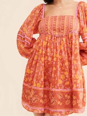 Free People Orange Floral Mini Dress with Pink Trim